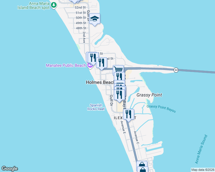 map of restaurants, bars, coffee shops, grocery stores, and more near 3603 4th Avenue in Holmes Beach