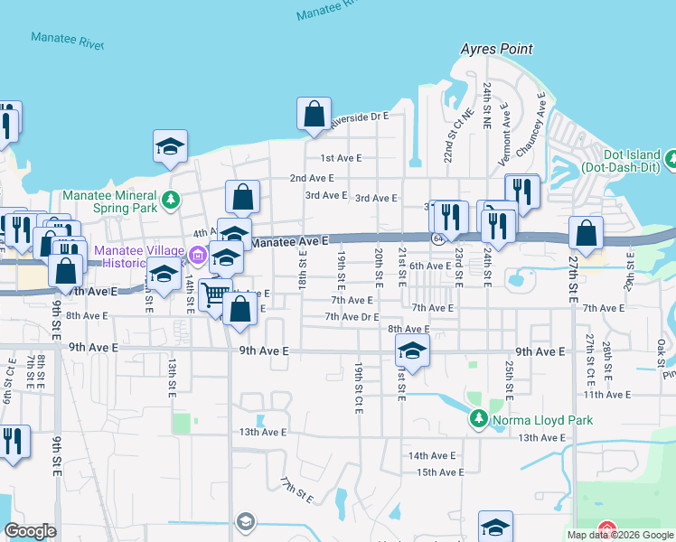 map of restaurants, bars, coffee shops, grocery stores, and more near 1821 6th Avenue East in Bradenton