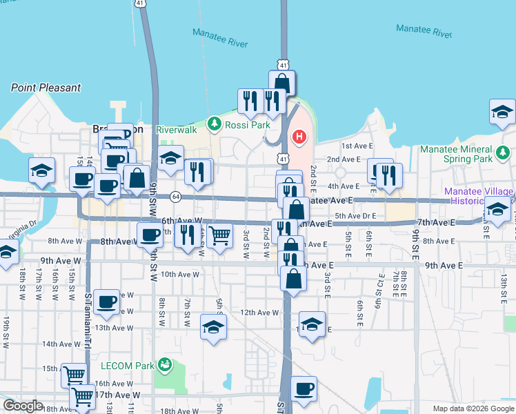 map of restaurants, bars, coffee shops, grocery stores, and more near 215 Manatee Avenue West in Bradenton