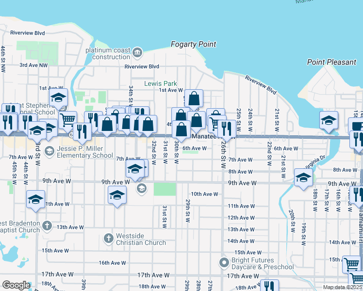 map of restaurants, bars, coffee shops, grocery stores, and more near 2923 Manatee Avenue West in Bradenton