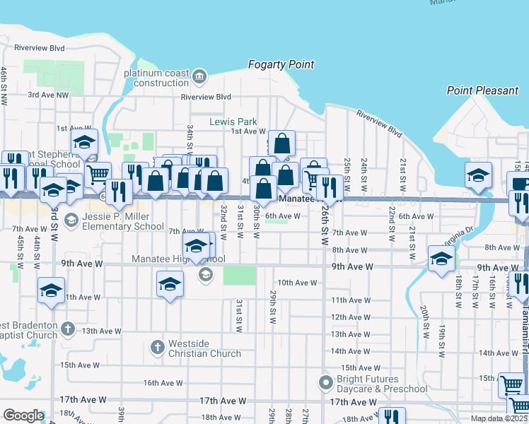 map of restaurants, bars, coffee shops, grocery stores, and more near 2923 Manatee Avenue West in Bradenton