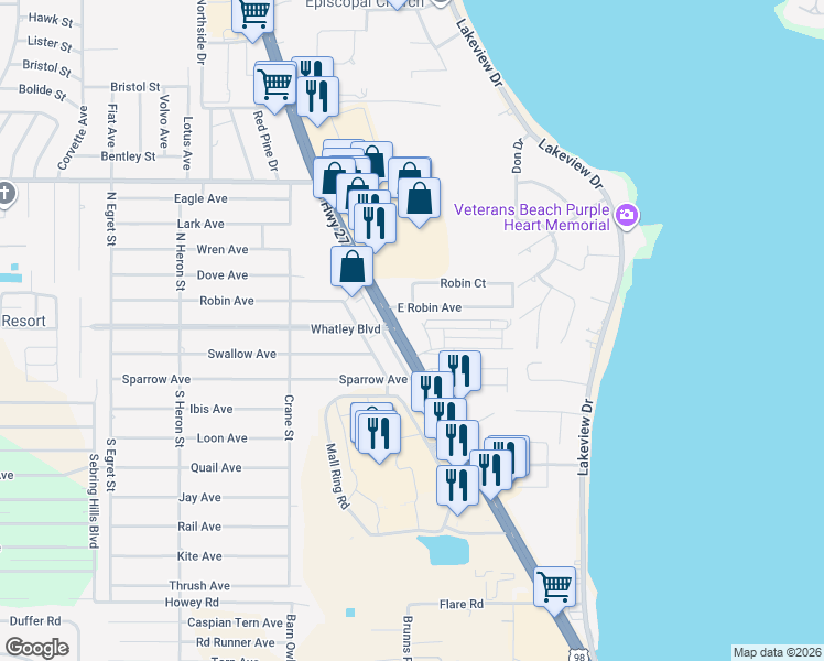 map of restaurants, bars, coffee shops, grocery stores, and more near 1216 US Highway 27 South in Sebring