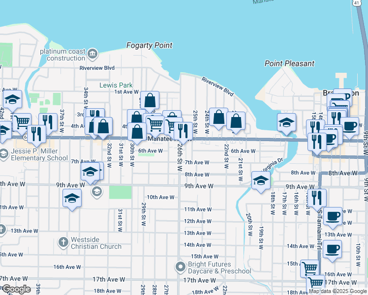 map of restaurants, bars, coffee shops, grocery stores, and more near 2525 Manatee Avenue West in Bradenton