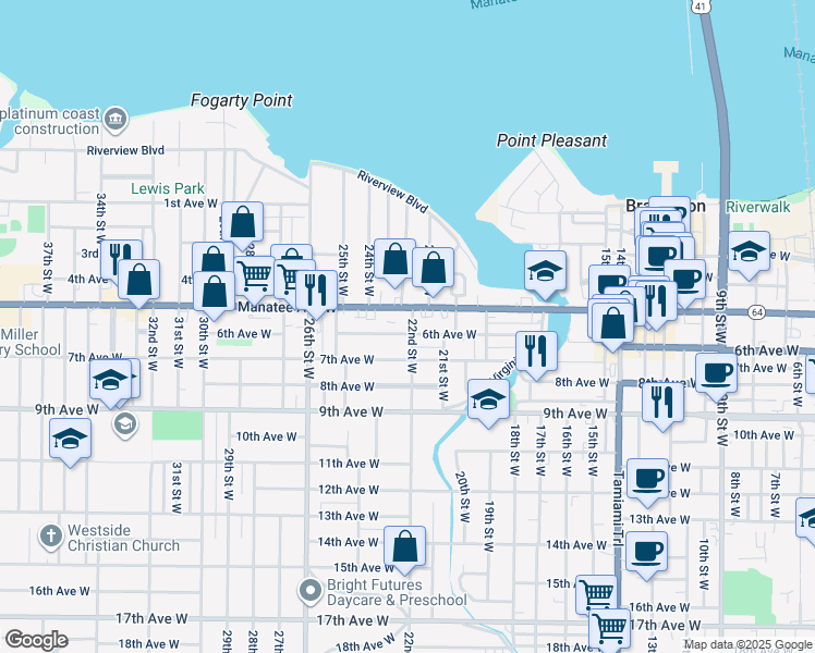 map of restaurants, bars, coffee shops, grocery stores, and more near 2210 6th Avenue West in Bradenton