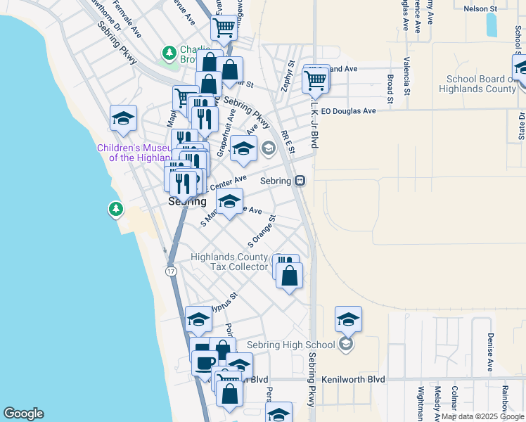 map of restaurants, bars, coffee shops, grocery stores, and more near 410 Rose Avenue in Sebring
