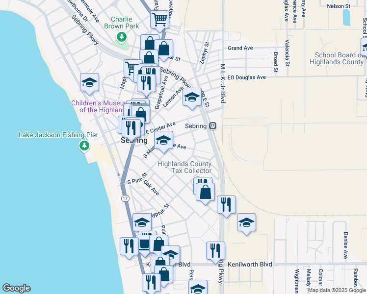 map of restaurants, bars, coffee shops, grocery stores, and more near Rose Avenue in Sebring