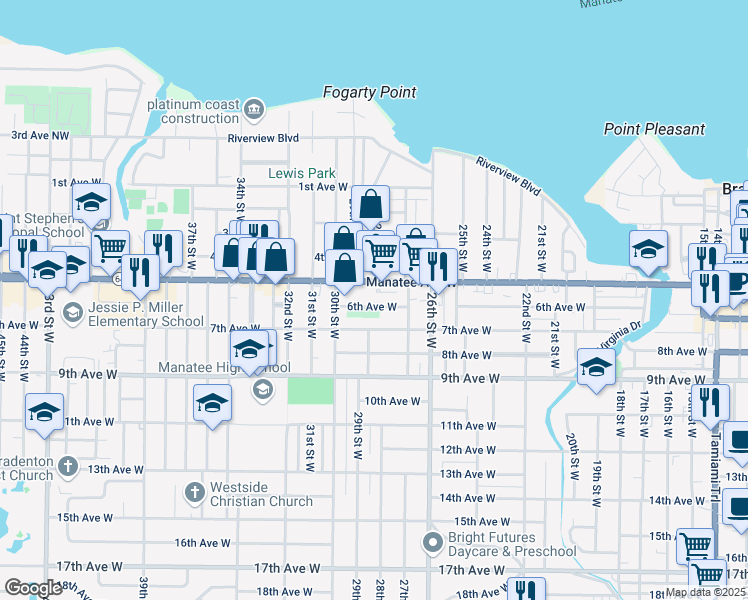 map of restaurants, bars, coffee shops, grocery stores, and more near 2800 6th Avenue West in Bradenton