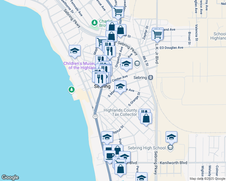 map of restaurants, bars, coffee shops, grocery stores, and more near 160 South Commerce Avenue in Sebring