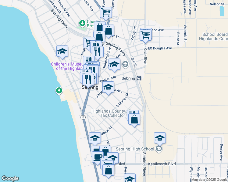 map of restaurants, bars, coffee shops, grocery stores, and more near 317 Rose Avenue in Sebring