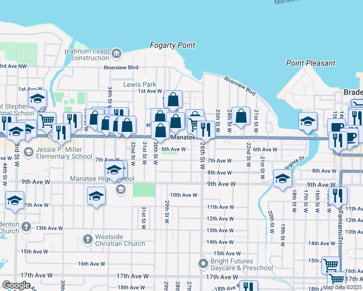 map of restaurants, bars, coffee shops, grocery stores, and more near 2800 6th Avenue West in Bradenton