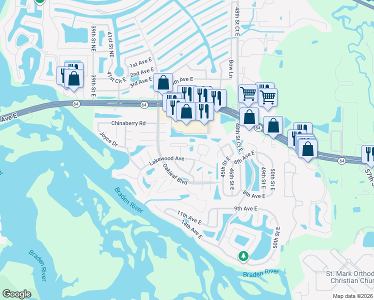 map of restaurants, bars, coffee shops, grocery stores, and more near 4416 Spicewood Drive in Bradenton