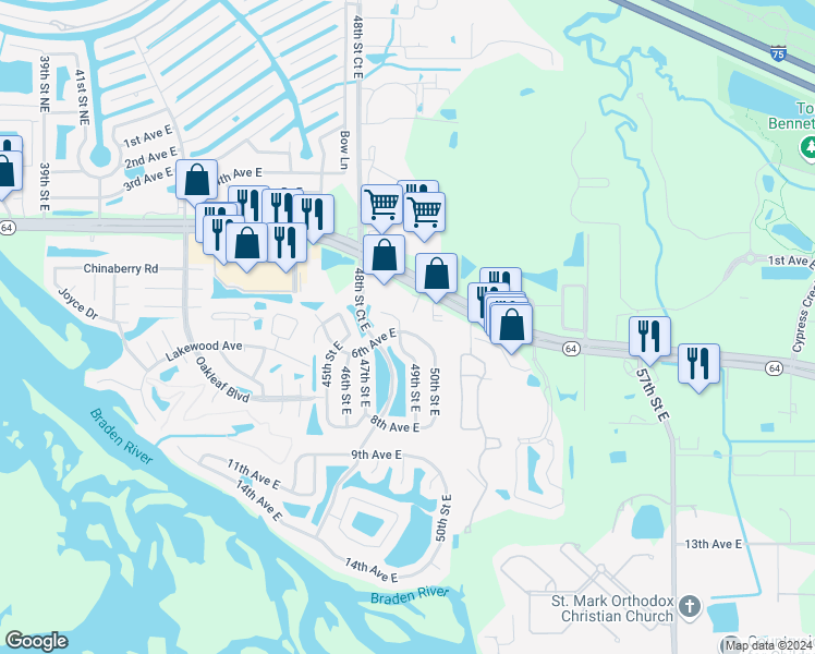 map of restaurants, bars, coffee shops, grocery stores, and more near 519 49th Street East in Bradenton
