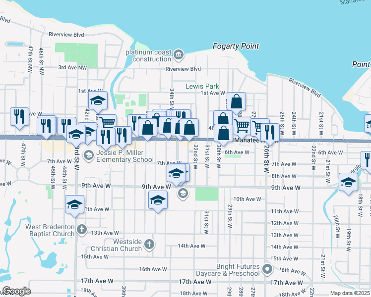 map of restaurants, bars, coffee shops, grocery stores, and more near 518 33rd Street West in Bradenton