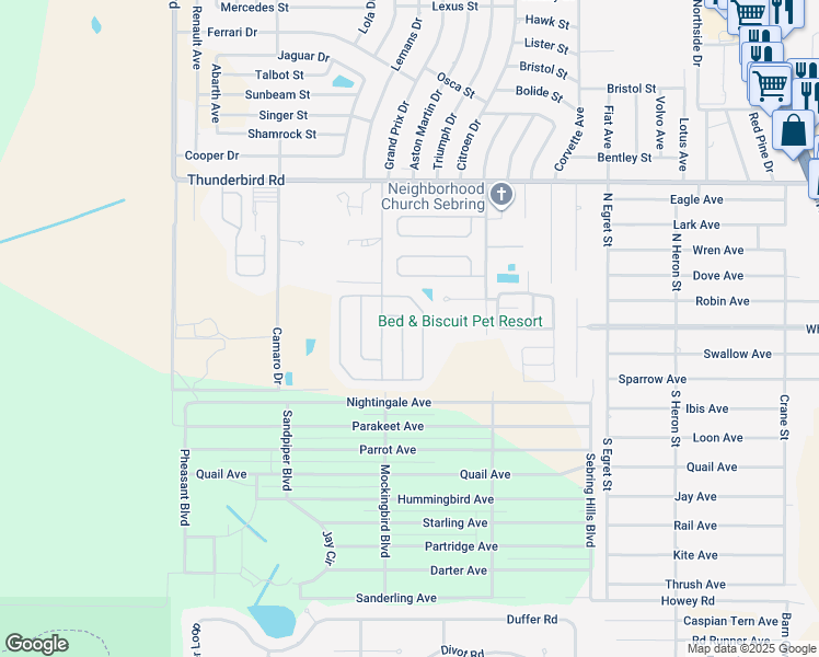map of restaurants, bars, coffee shops, grocery stores, and more near 1216 Pointe E in Sebring