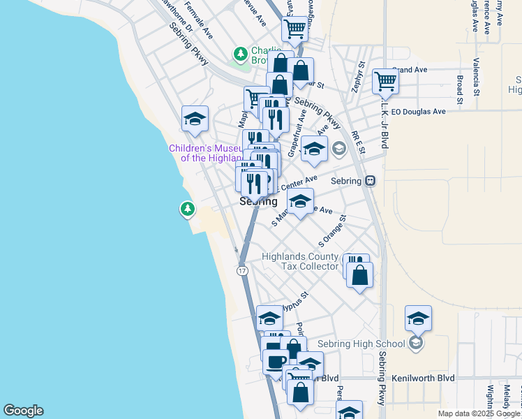 map of restaurants, bars, coffee shops, grocery stores, and more near South Wall Street in Sebring