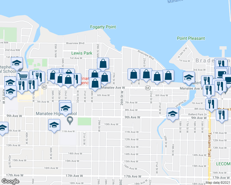 map of restaurants, bars, coffee shops, grocery stores, and more near 515 27th Street West in Bradenton