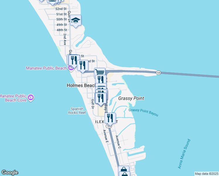 map of restaurants, bars, coffee shops, grocery stores, and more near 3801 Sunbow Bay Drive South in Holmes Beach