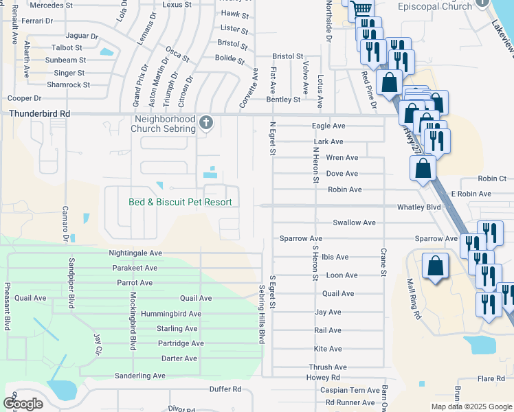 map of restaurants, bars, coffee shops, grocery stores, and more near Whatley Boulevard in Sebring