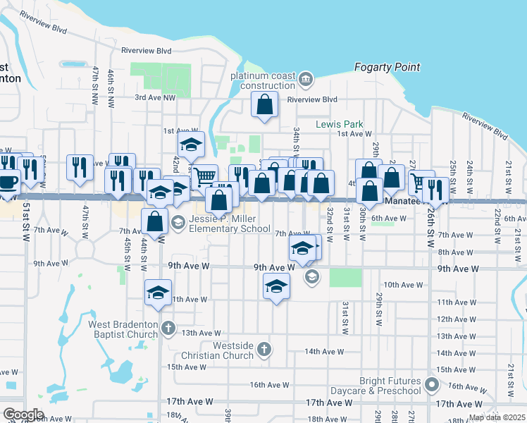 map of restaurants, bars, coffee shops, grocery stores, and more near 515 37th Street West in Bradenton