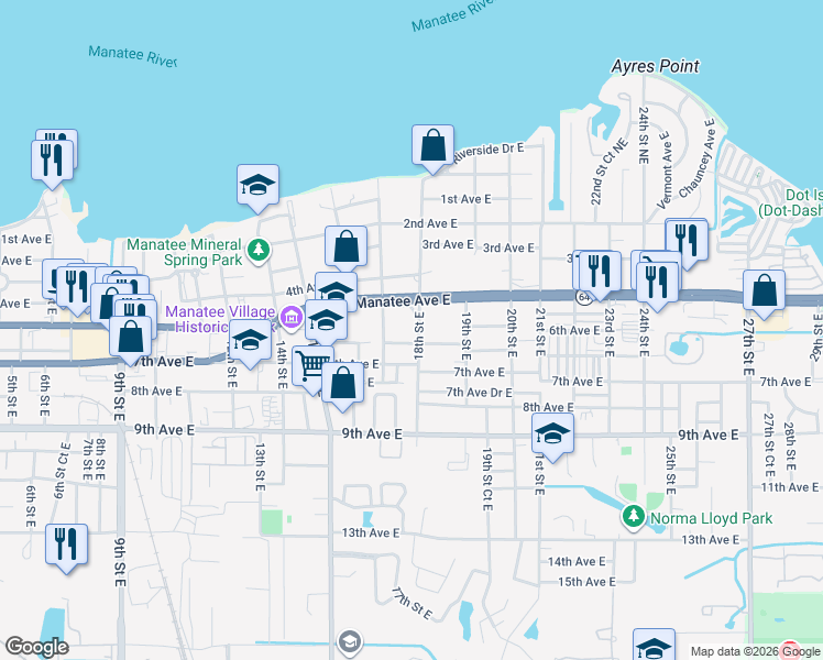 map of restaurants, bars, coffee shops, grocery stores, and more near 520 18th Street East in Bradenton
