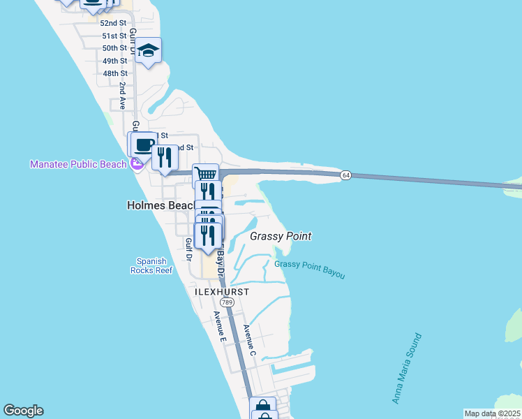 map of restaurants, bars, coffee shops, grocery stores, and more near 3703 East Bay Drive in Holmes Beach
