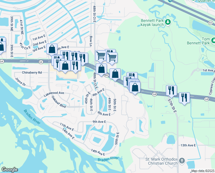 map of restaurants, bars, coffee shops, grocery stores, and more near 519 49th Street East in Bradenton