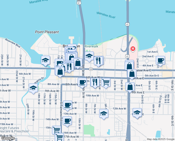 map of restaurants, bars, coffee shops, grocery stores, and more near 811 Manatee Avenue West in Bradenton