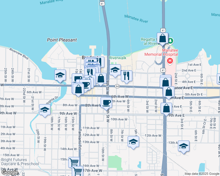 map of restaurants, bars, coffee shops, grocery stores, and more near 811 Manatee Avenue West in Bradenton
