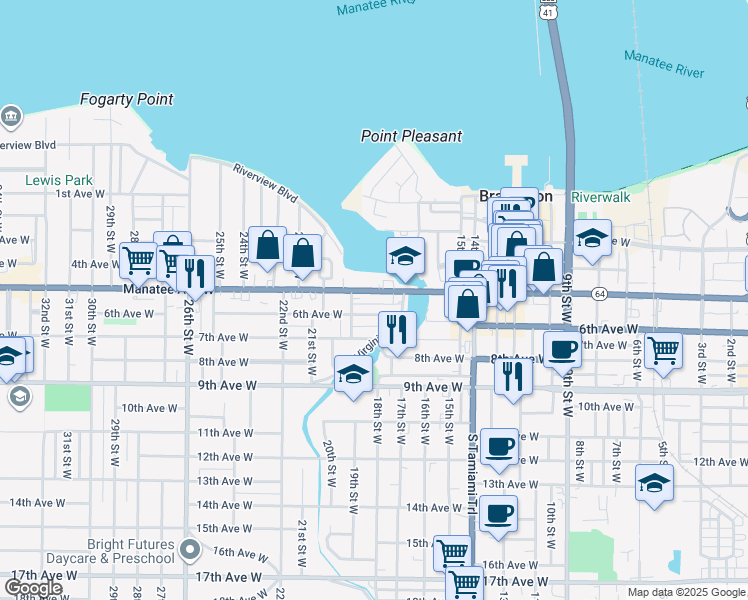 map of restaurants, bars, coffee shops, grocery stores, and more near 1804 6th Avenue West in Bradenton