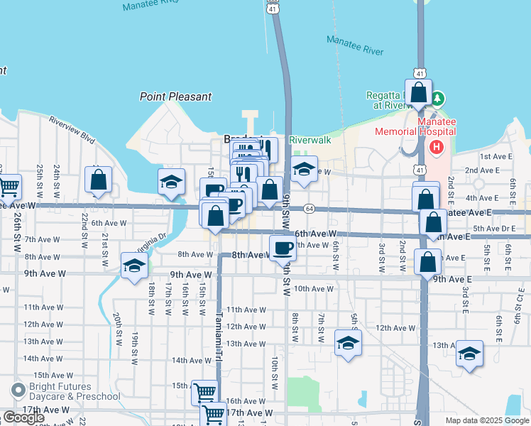 map of restaurants, bars, coffee shops, grocery stores, and more near 512 10th Street West in Bradenton