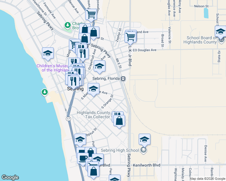 map of restaurants, bars, coffee shops, grocery stores, and more near 410 Rose Avenue in Sebring