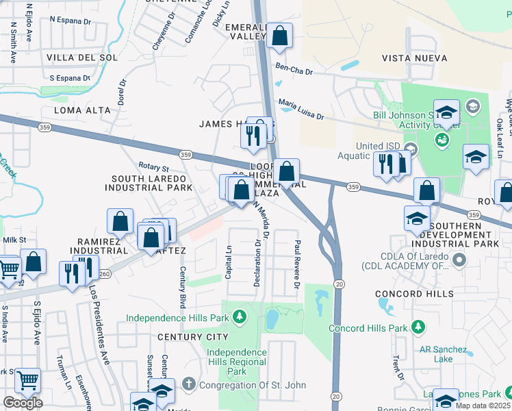 map of restaurants, bars, coffee shops, grocery stores, and more near 111 North Merida Drive in Laredo