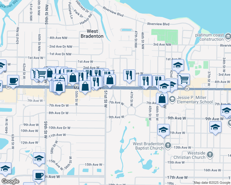 map of restaurants, bars, coffee shops, grocery stores, and more near 605 49th Court West in Bradenton
