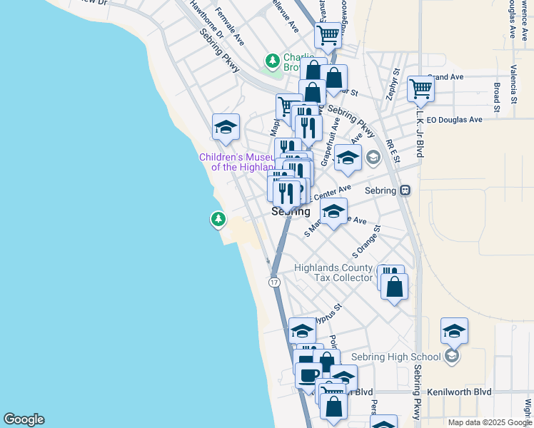 map of restaurants, bars, coffee shops, grocery stores, and more near 167 West Center Avenue in Sebring