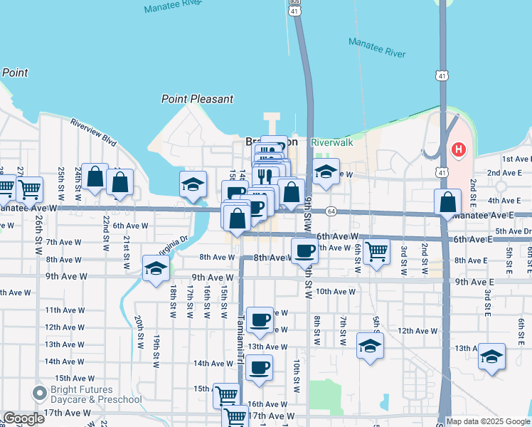 map of restaurants, bars, coffee shops, grocery stores, and more near 520 12th Street West in Bradenton