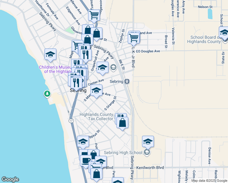 map of restaurants, bars, coffee shops, grocery stores, and more near 410 Rose Avenue in Sebring