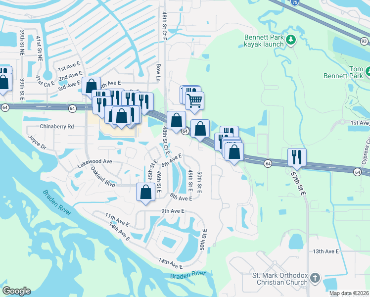 map of restaurants, bars, coffee shops, grocery stores, and more near 519 49th Street East in Bradenton