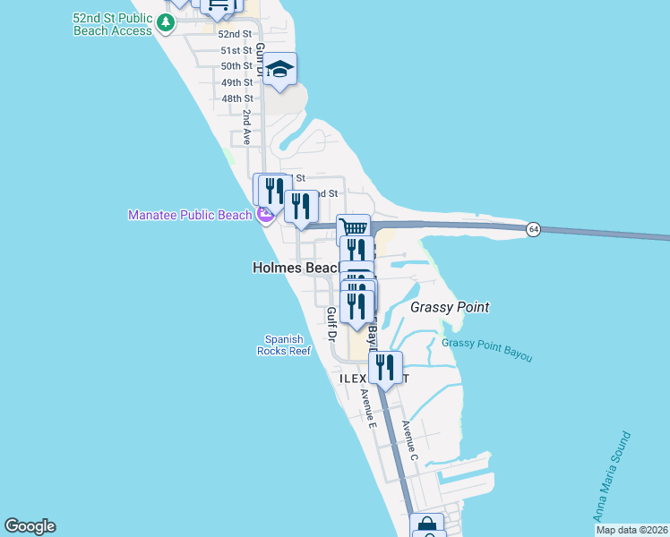 map of restaurants, bars, coffee shops, grocery stores, and more near 3604 6th Avenue in Holmes Beach
