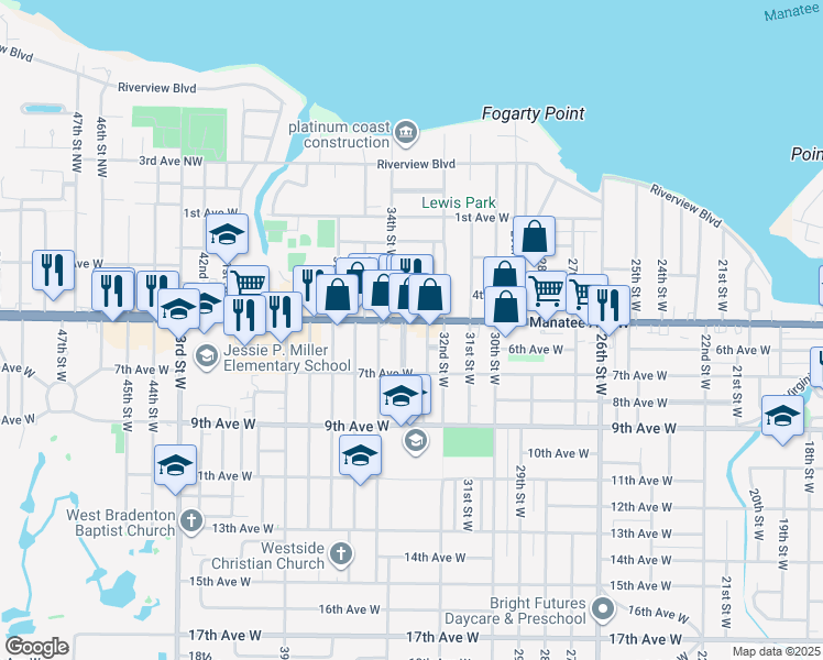 map of restaurants, bars, coffee shops, grocery stores, and more near 518 33rd Street West in Bradenton