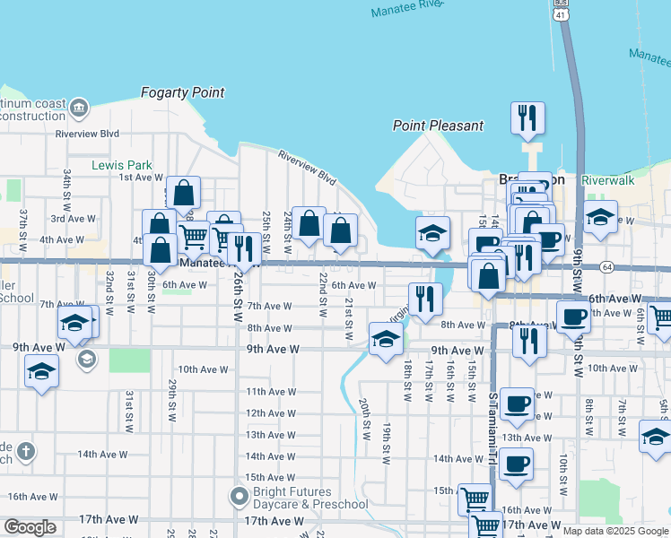 map of restaurants, bars, coffee shops, grocery stores, and more near 2110 6th Avenue West in Bradenton