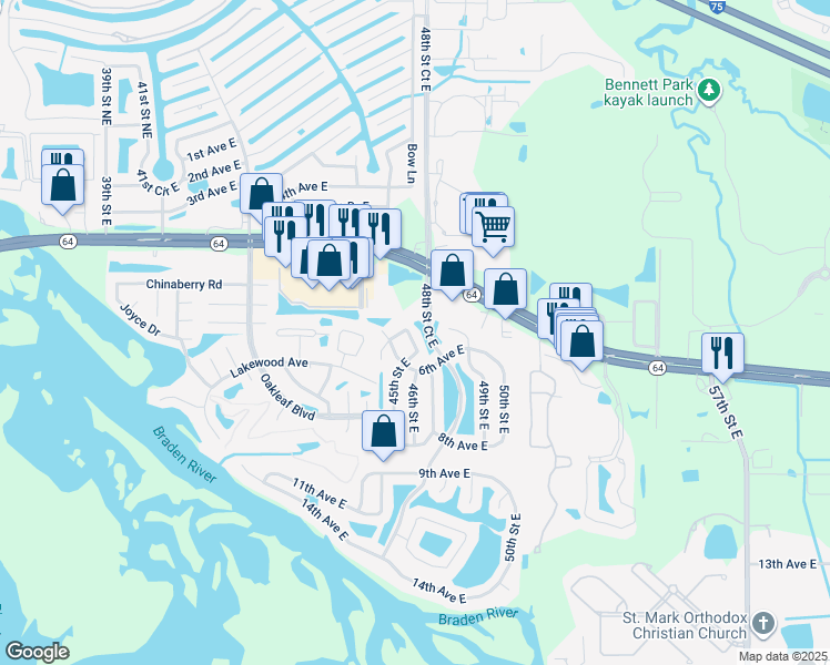 map of restaurants, bars, coffee shops, grocery stores, and more near 503 45th Street East in Bradenton