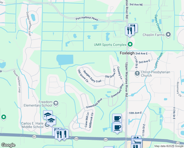 map of restaurants, bars, coffee shops, grocery stores, and more near 10039 Reagan Dairy Trail in Bradenton