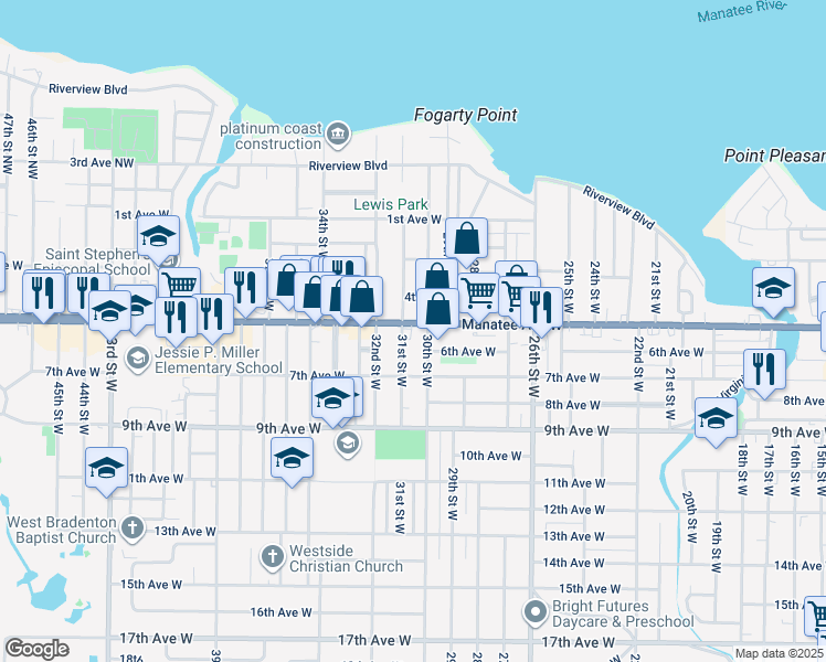 map of restaurants, bars, coffee shops, grocery stores, and more near 2923 Manatee Avenue West in Bradenton