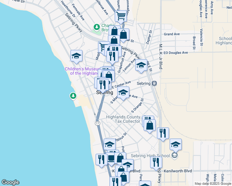 map of restaurants, bars, coffee shops, grocery stores, and more near 160 South Commerce Avenue in Sebring