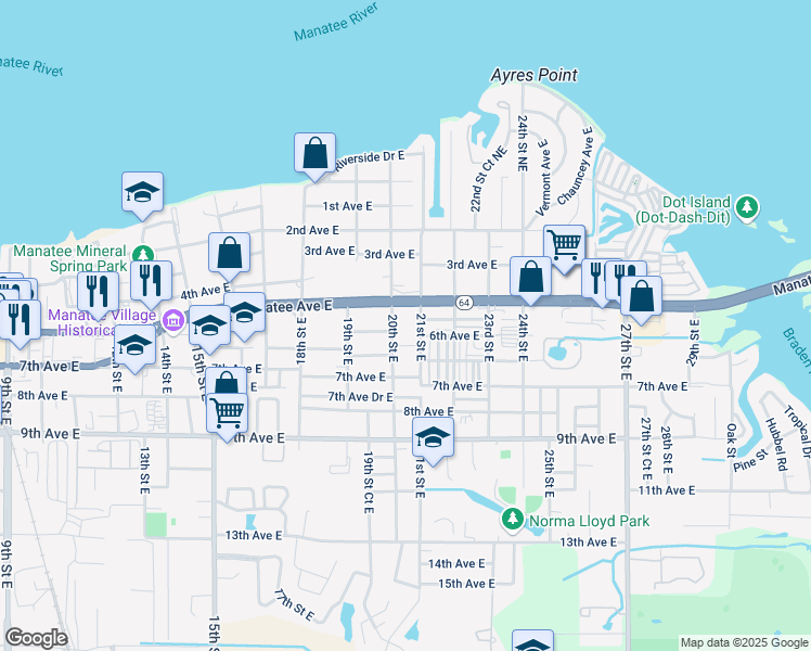 map of restaurants, bars, coffee shops, grocery stores, and more near 2010 Manatee Avenue East in Bradenton