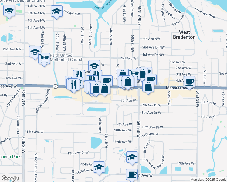 map of restaurants, bars, coffee shops, grocery stores, and more near 6354 63rd Street West in Bradenton