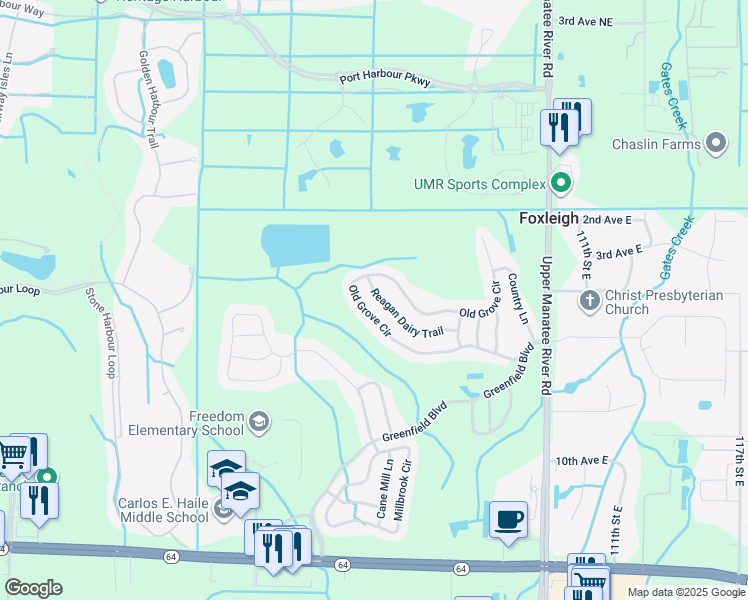 map of restaurants, bars, coffee shops, grocery stores, and more near 10018 Reagan Dairy Trail in Bradenton