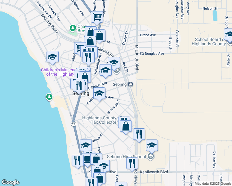 map of restaurants, bars, coffee shops, grocery stores, and more near 410 Rose Avenue in Sebring