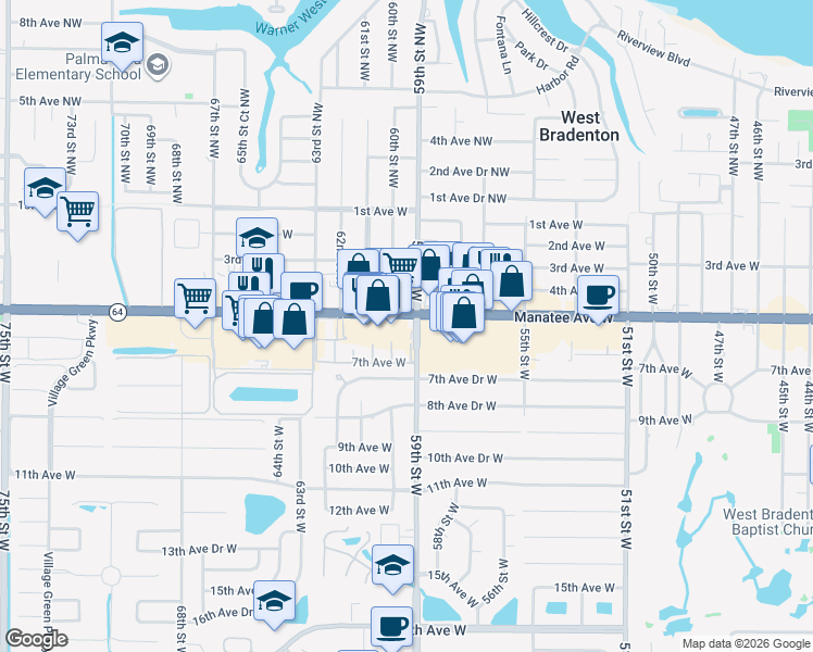 map of restaurants, bars, coffee shops, grocery stores, and more near 6348 7th Avenue West in Bradenton