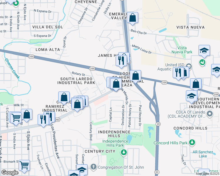 map of restaurants, bars, coffee shops, grocery stores, and more near 4205 Jaime Zapata Memorial Highway in Laredo